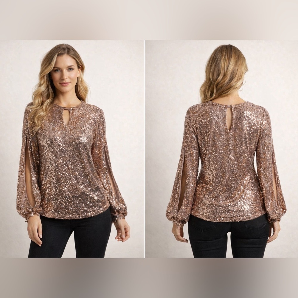 Cable & Gauge Rose Gold Sequin Blouse Small Party Top Balloon Sleeve NWT